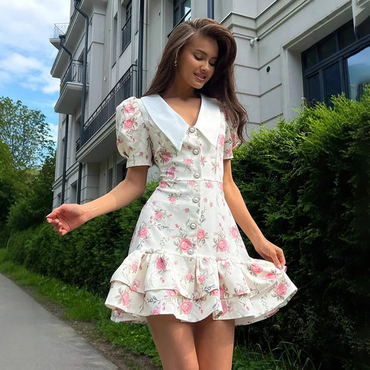 Mia – V-Neck Ruffled Dress with Puff Sleeves