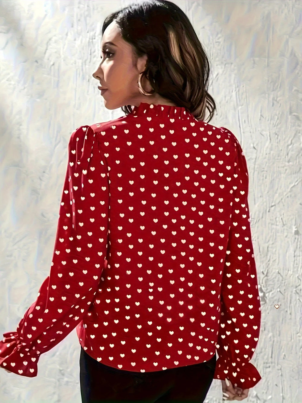 Daphne – Women’s Red Slim Fit Heart Print Shirt with Stand Collar