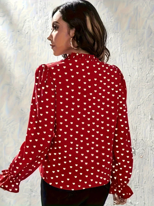 Daphne – Women’s Red Slim Fit Heart Print Shirt with Stand Collar