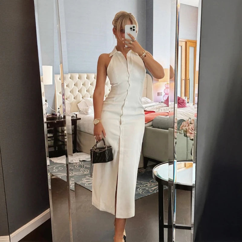 Lena – Simple Fashion Long Dress with Lapel Collar and Front Split