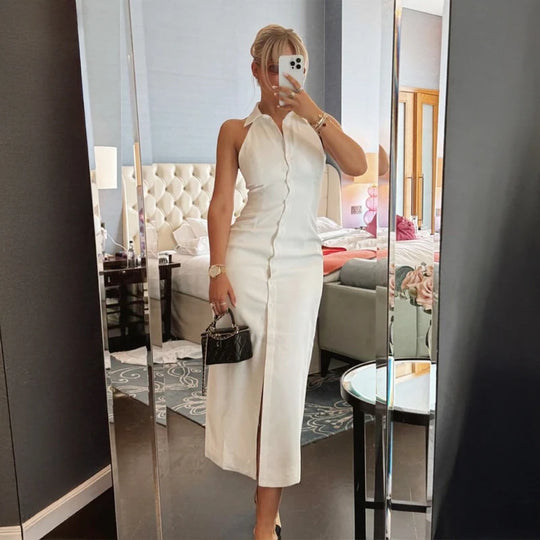 Lena – Simple Fashion Long Dress with Lapel Collar and Front Split