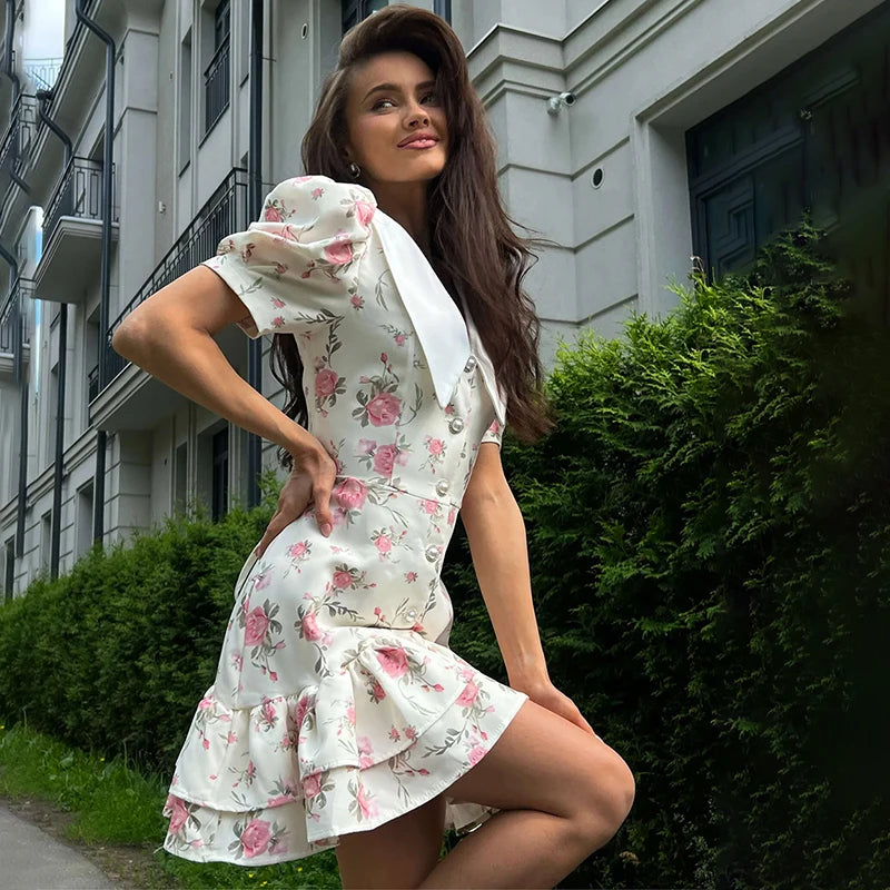 Mia – V-Neck Ruffled Dress with Puff Sleeves