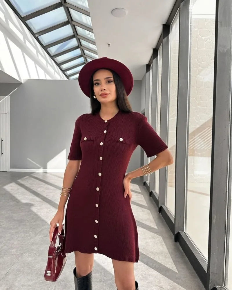 Amelia – White Ribbed Knit Mini Dress with Buttons