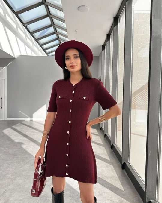 Amelia – White Ribbed Knit Mini Dress with Buttons