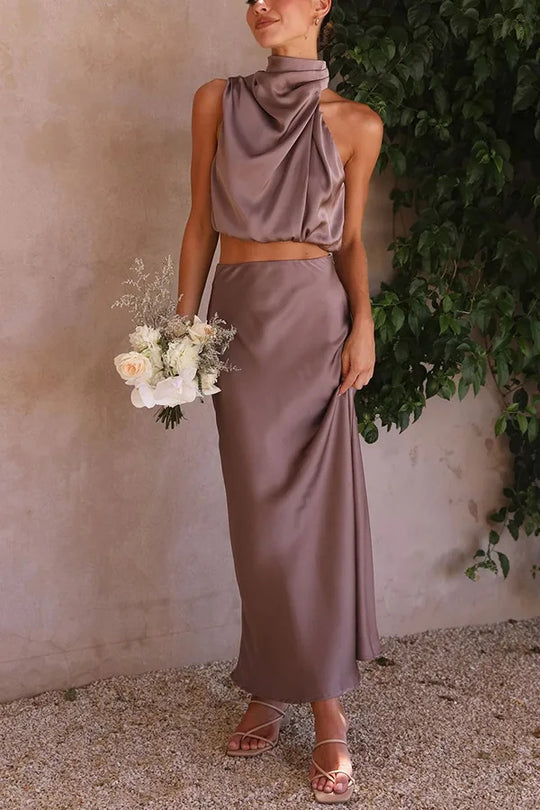 Nina – Elegante midi-rok & mouwloze crop top set