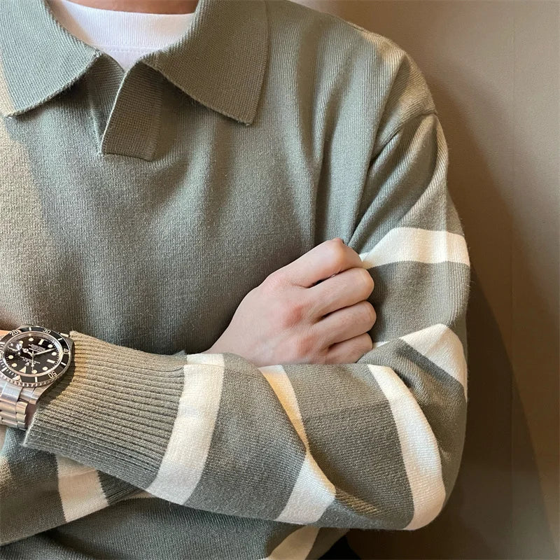 Calvin Men’s Knit Polo Sweater – Striped Long Sleeve