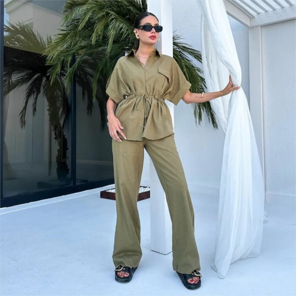 Maya – Women’s Casual Two-Piece Set with Drawstring Shirt & Wide Leg Pants