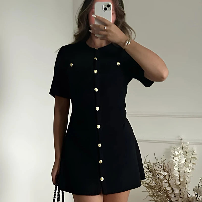 Amelia – White Ribbed Knit Mini Dress with Buttons