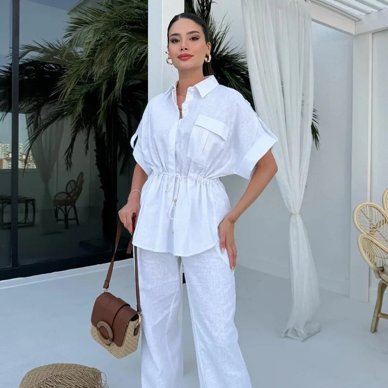 Maya – Women’s Casual Two-Piece Set with Drawstring Shirt & Wide Leg Pants