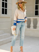 Alina | Damenpullover mit halbem Reißverschluss und gestreiftem Detail