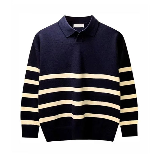 Calvin Men’s Knit Polo Sweater – Striped Long Sleeve