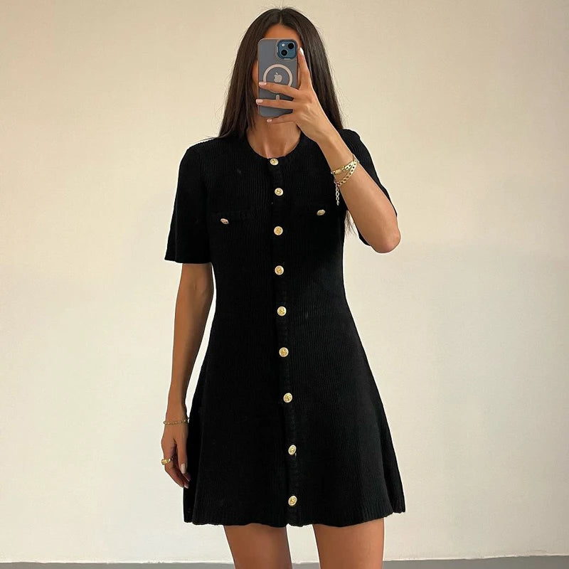 Amelia – White Ribbed Knit Mini Dress with Buttons