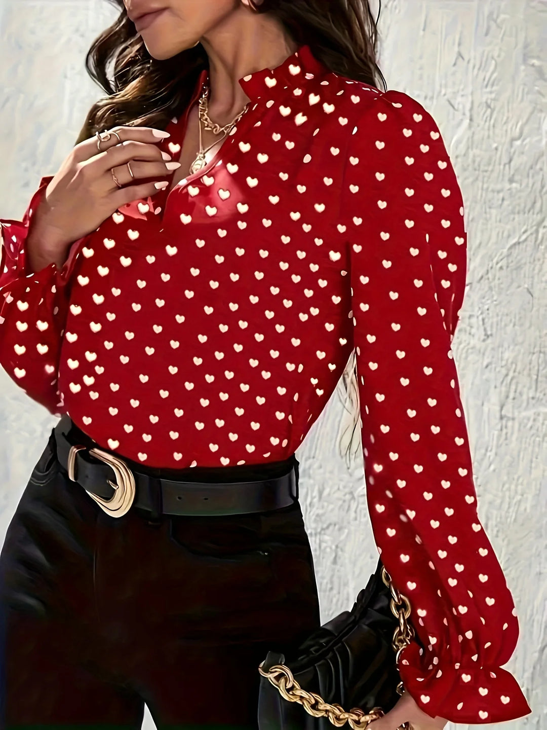 Daphne – Women’s Red Slim Fit Heart Print Shirt with Stand Collar