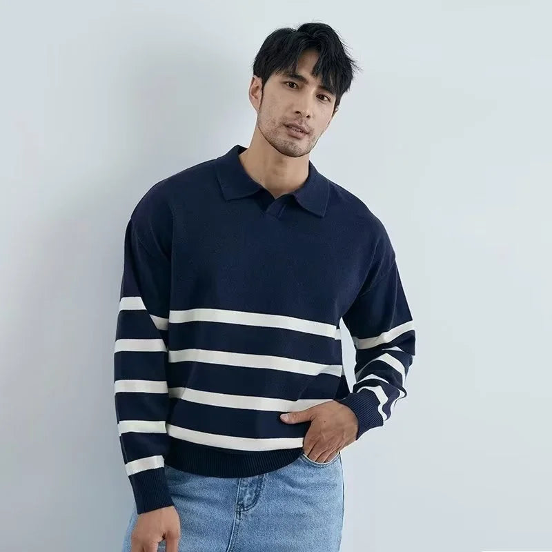 Calvin Men’s Knit Polo Sweater – Striped Long Sleeve