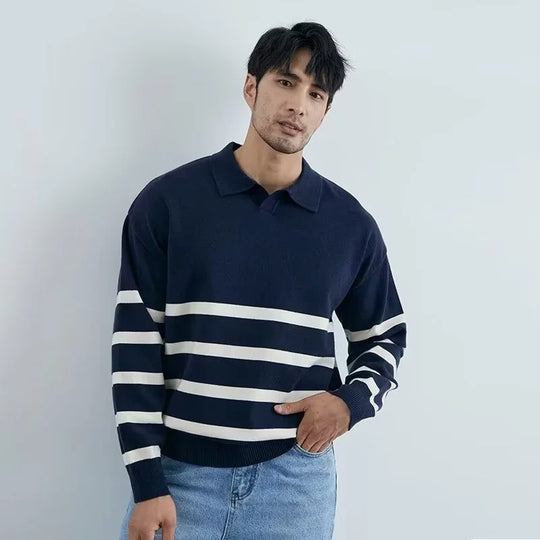 Calvin Men’s Knit Polo Sweater – Striped Long Sleeve