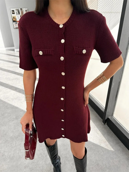 Amelia – White Ribbed Knit Mini Dress with Buttons