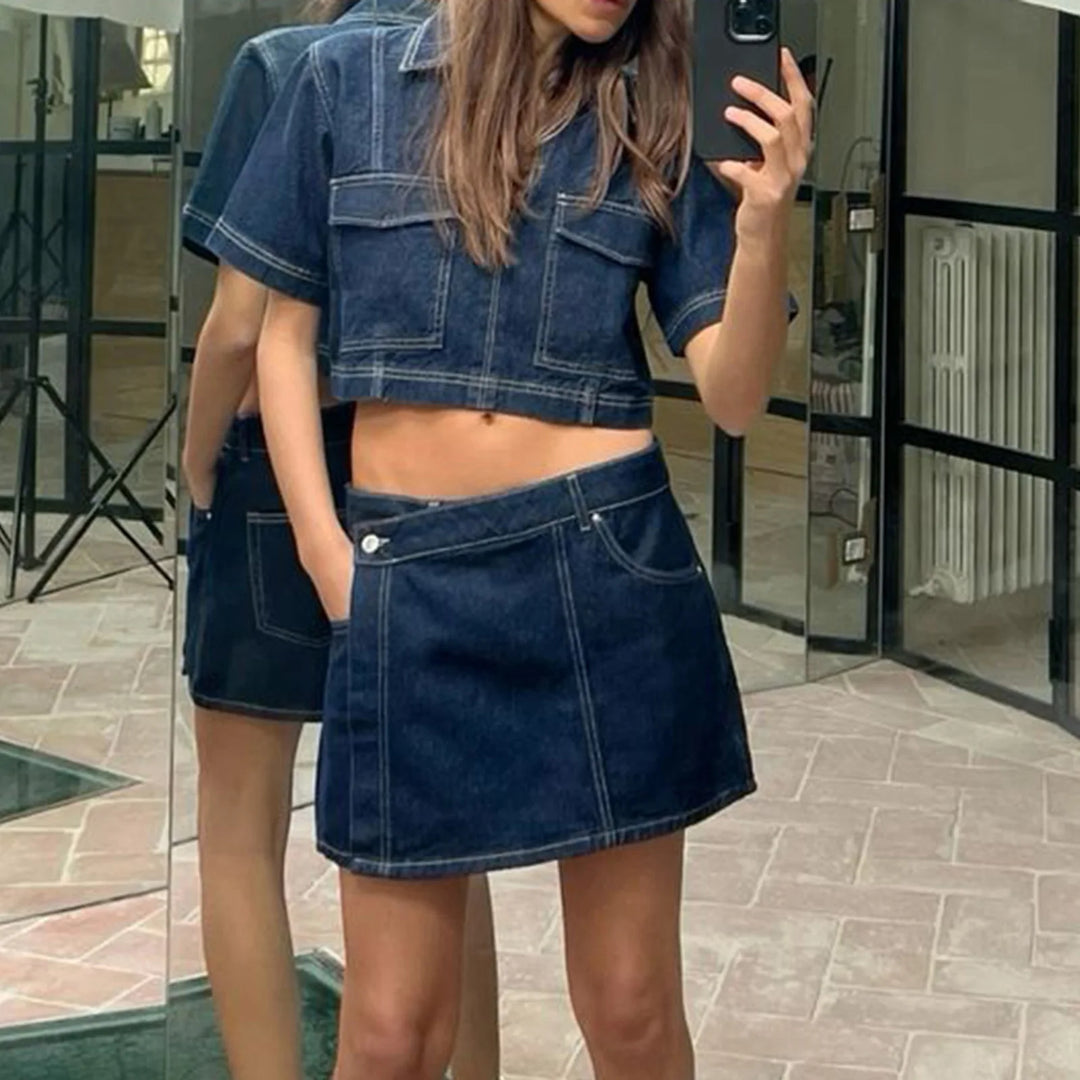 Lore – Women’s Denim Two-Piece Set with V-Neck Top & Mini Skirt Shorts