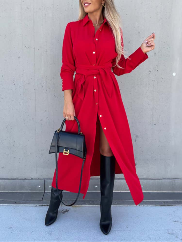 Daphne | Button-Down Long-Sleeve Maxi Dress with Waist Tie