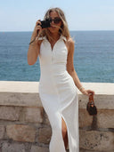 Lena – Einfaches modisches langes Kleid mit Reverskragen und Frontschlitz