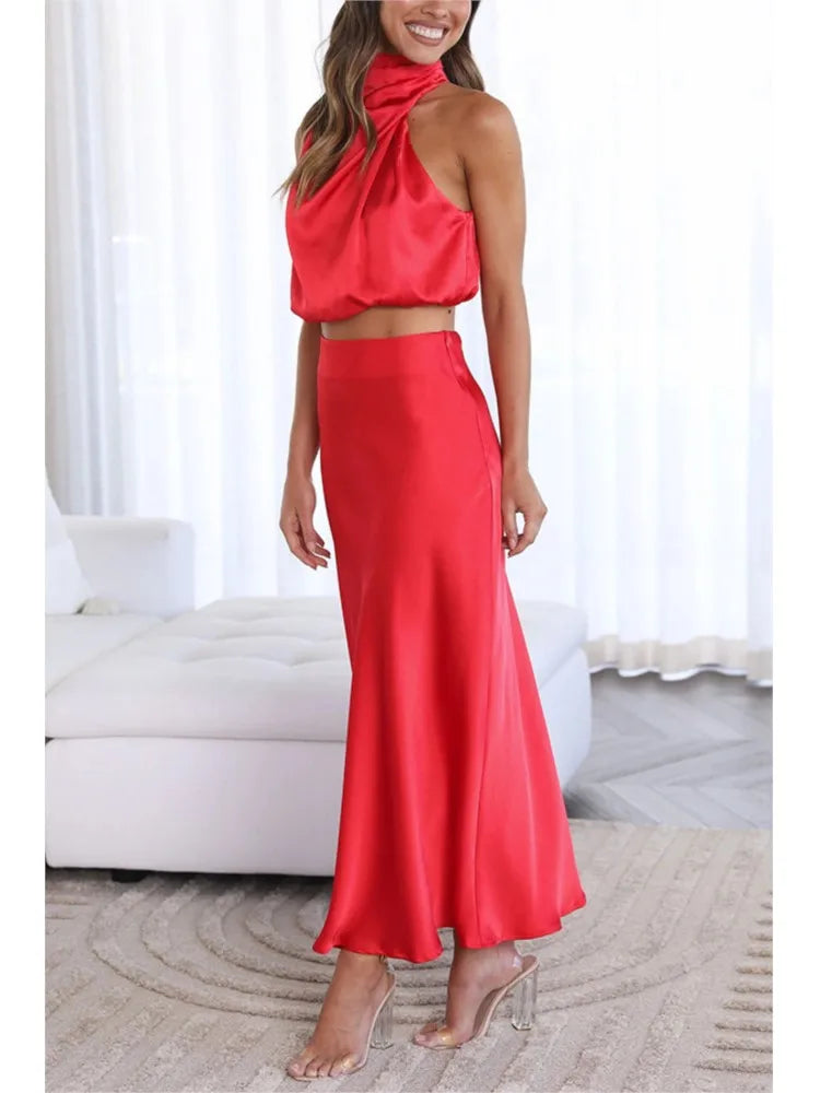 Nina – Elegancki midi spódnica i bezrękawnik crop top zestaw