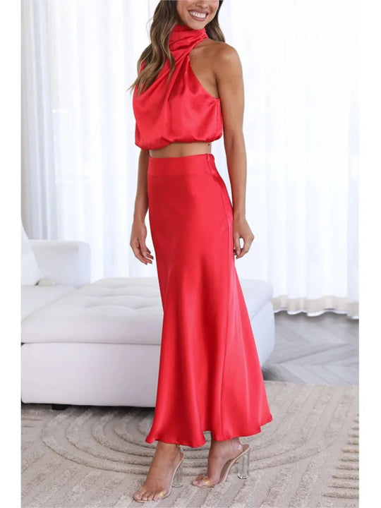 Nina – Elegante midi-rok & mouwloze crop top set