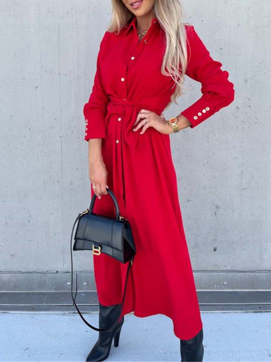 Daphne | Button-Down Long-Sleeve Maxi Dress with Waist Tie