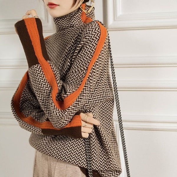 Barclay & Bloom | Women’s Turtleneck Sweater – Patterned Knit Pullover with Contrast Stripe