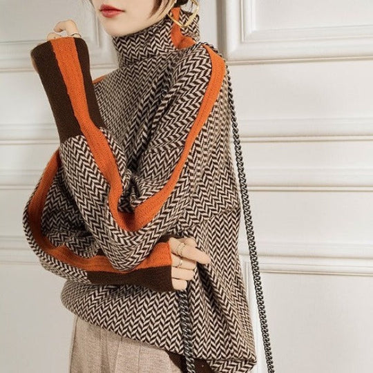 Barclay & Bloom | Women’s Turtleneck Sweater – Patterned Knit Pullover with Contrast Stripe