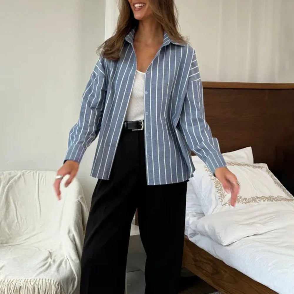 Elizabeth – Women’s Casual Striped Long Sleeve Shirt with Turn-Down Collar