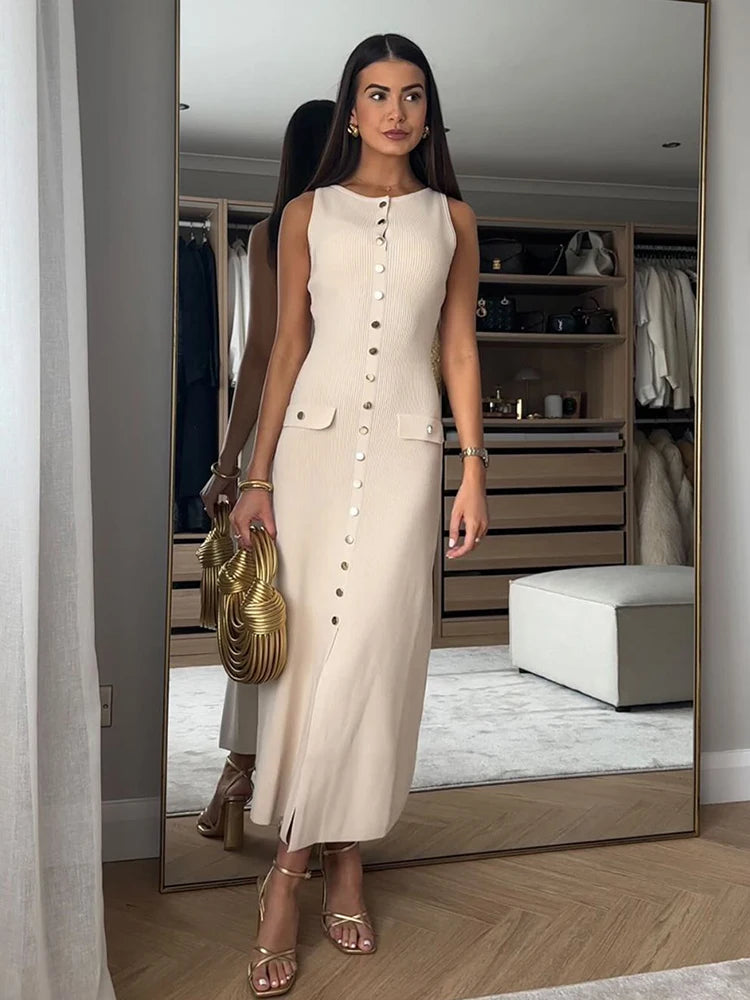 Celest – Women’s Sleeveless Knit Bodycon Maxi Dress with O-Neck and Buttons