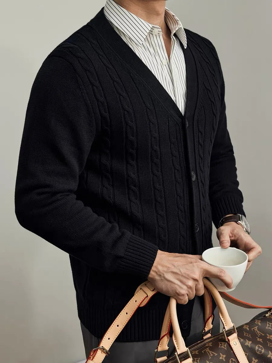 Miles Men’s Cardigan – Cable Knit Wool Blend V-Neck