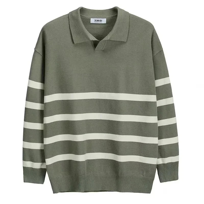 Calvin Men’s Knit Polo Sweater – Striped Long Sleeve