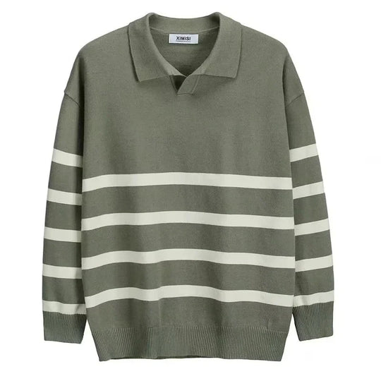 Calvin Men’s Knit Polo Sweater – Striped Long Sleeve