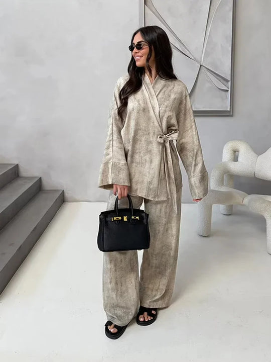 Rose – Vintage Loose Two-Piece Outfit Set, V-Neck and Wide Legs