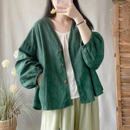Adele – Women’s Loose Cotton Linen Summer Top with Long Sleeves