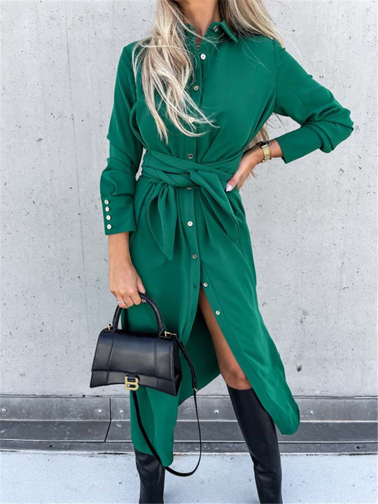 Daphne | Button-Down Long-Sleeve Maxi Dress with Waist Tie
