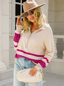 Alina | Damenpullover mit halbem Reißverschluss und gestreiftem Detail