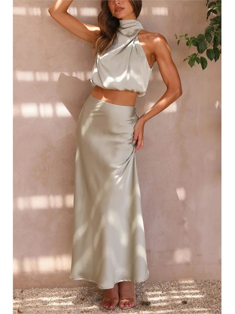 Nina – Elegante midi-rok & mouwloze crop top set