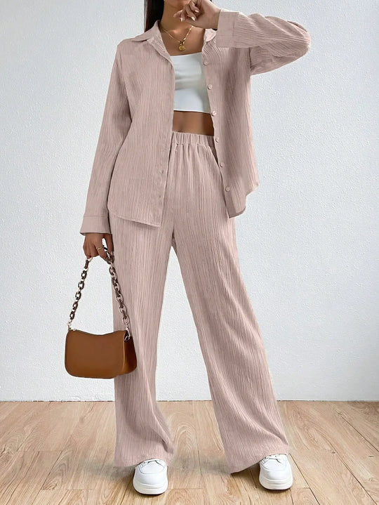 Clara – Women’s Vintage Two-Piece Set Long Sleeve Button-Down Shirt & Loose Pants