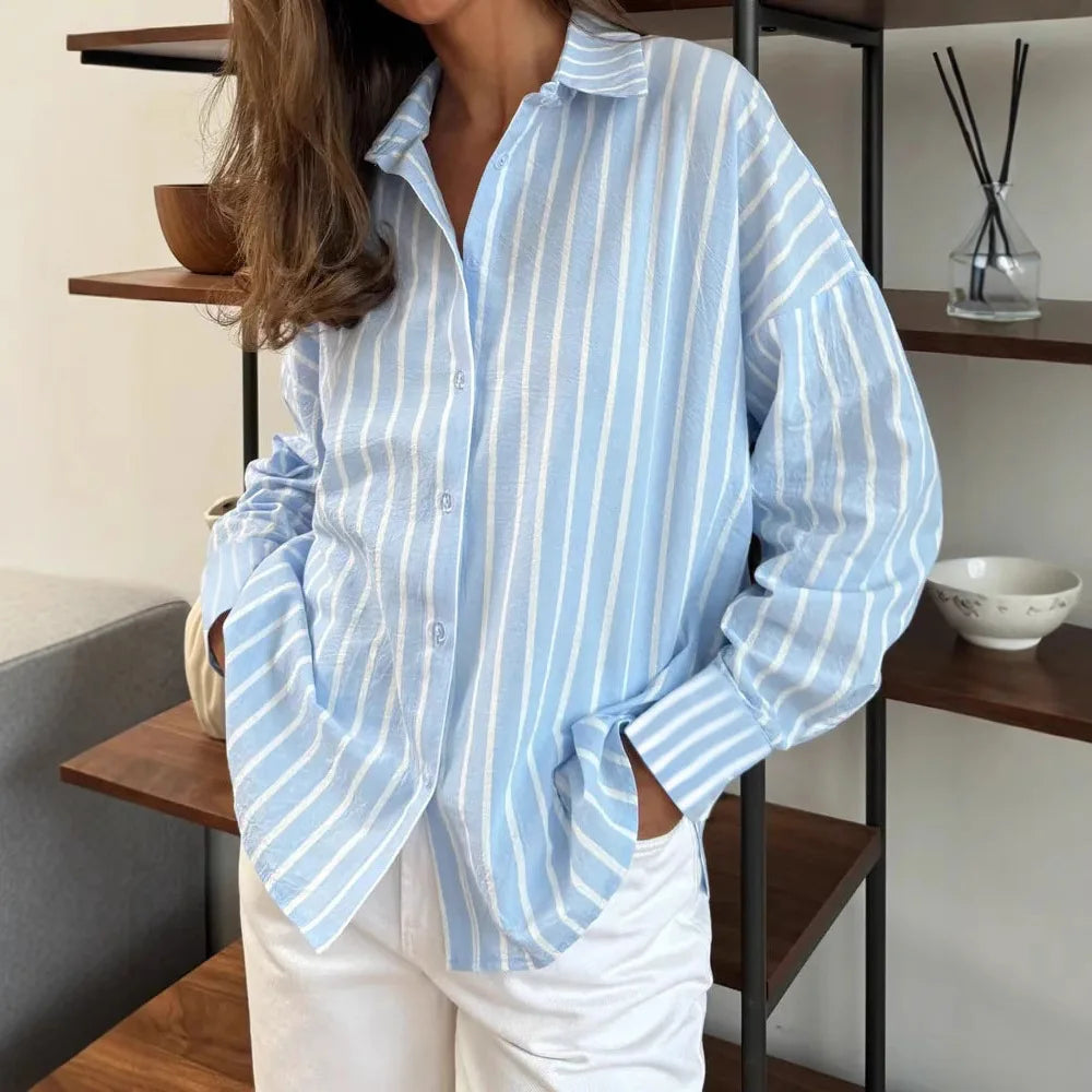 Elizabeth – Women’s Casual Striped Long Sleeve Shirt with Turn-Down Collar