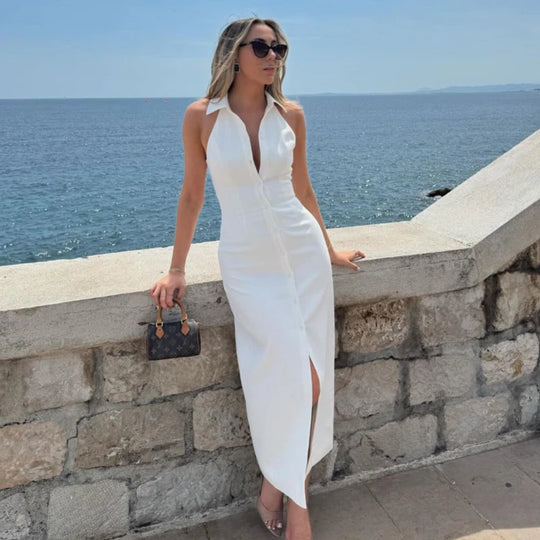 Lena – Simple Fashion Long Dress with Lapel Collar and Front Split