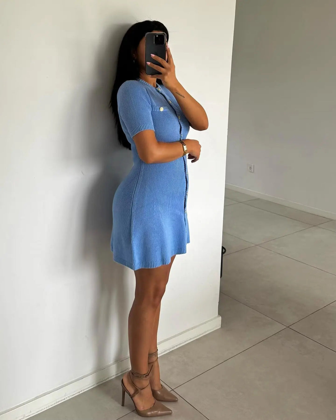 Amelia – White Ribbed Knit Mini Dress with Buttons