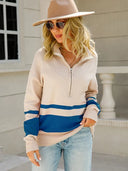 Alina | Damenpullover mit halbem Reißverschluss und gestreiftem Detail