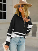 Alina | Damenpullover mit halbem Reißverschluss und gestreiftem Detail