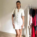 Amelia – White Ribbed Knit Mini Dress with Buttons