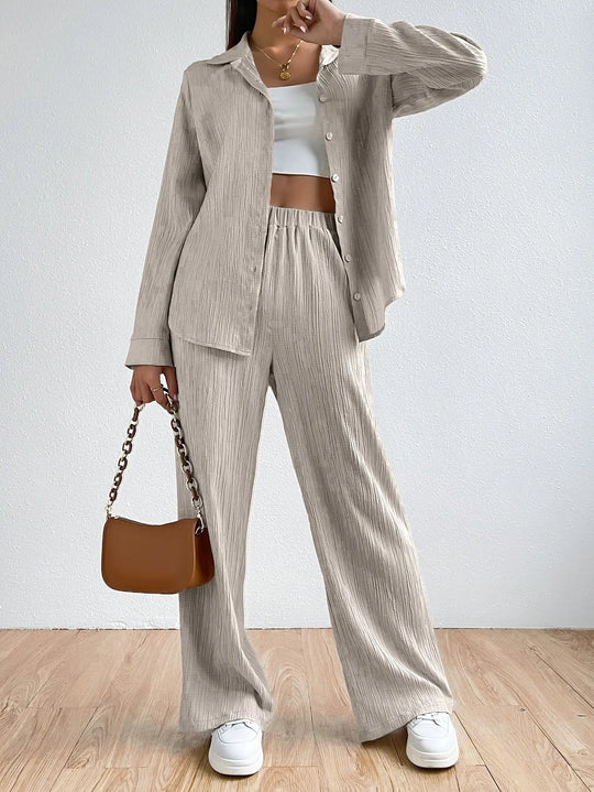 Clara – Women’s Vintage Two-Piece Set Long Sleeve Button-Down Shirt & Loose Pants