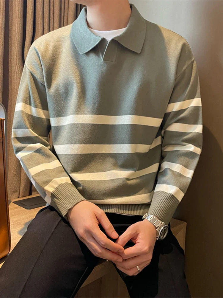 Calvin Men’s Knit Polo Sweater – Striped Long Sleeve
