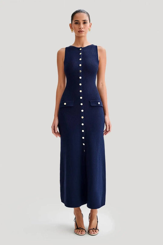 Celest – Women’s Sleeveless Knit Bodycon Maxi Dress with O-Neck and Buttons