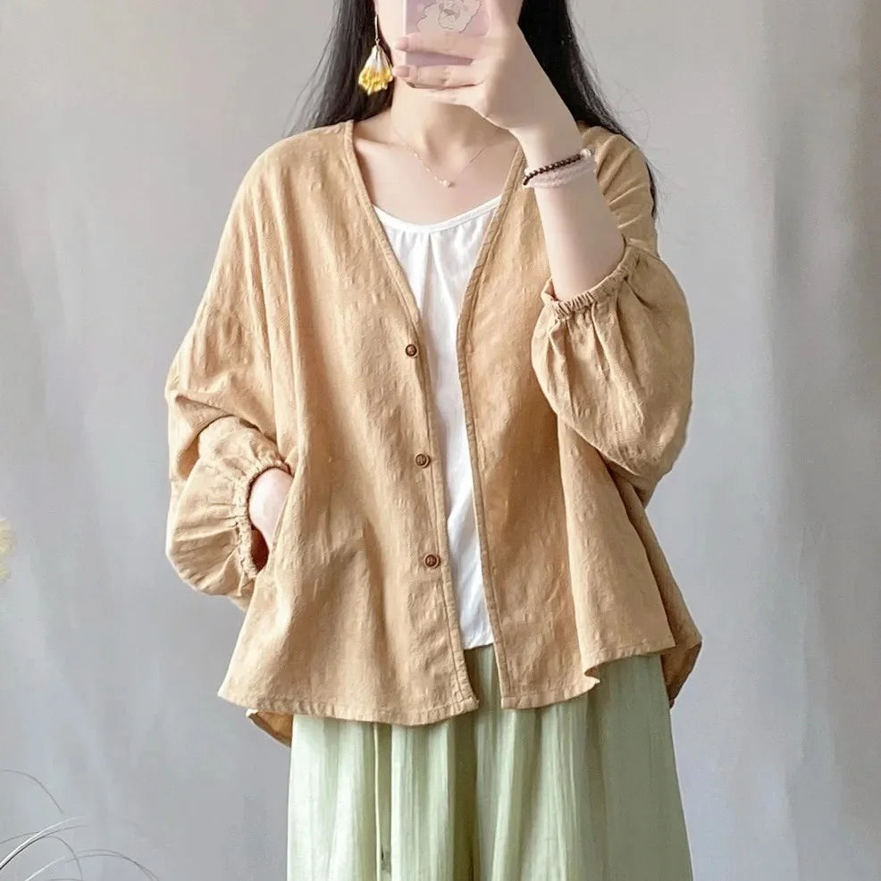 Adele – Women’s Loose Cotton Linen Summer Top with Long Sleeves