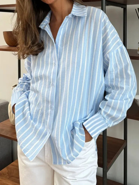 Elizabeth – Women’s Casual Striped Long Sleeve Shirt with Turn-Down Collar